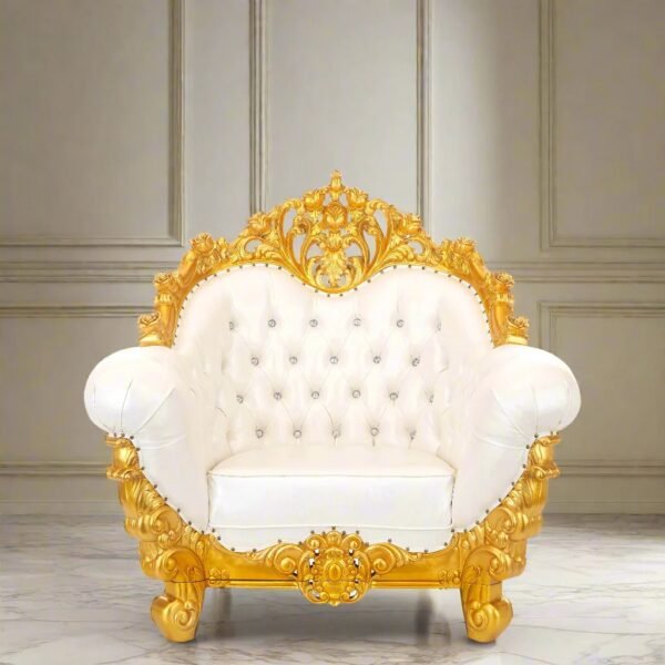 Designer Wooden Guruji Chair Design in Royal White & Gold Finish