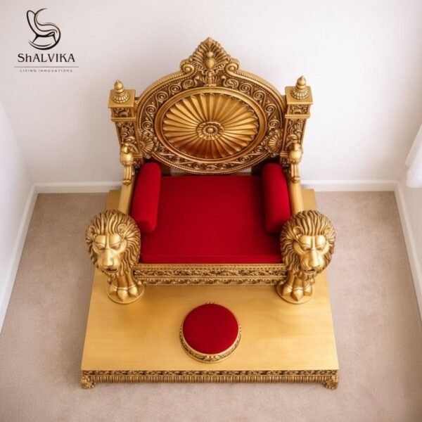 Traditional Wooden Guruji Chair Singhasan in Teak Wood with Lion Handles view 7