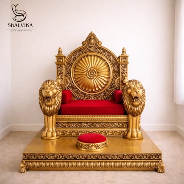 Traditional Wooden Guruji Chair Singhasan in Teak Wood with Lion Handles