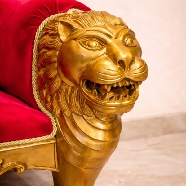 Wooden Guruji Chair with Lion Faces in Teak Wood & Red Velvet view 4