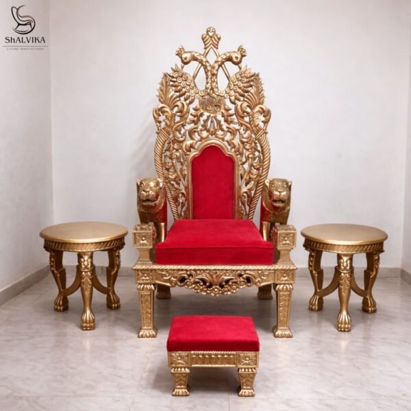 Wooden Guruji Singhasan Chair in Antique Gold Finish