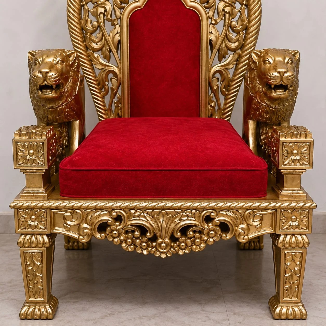 Guruji Satsang Chair – Golden Peacock & Lion Carved Singhasan with Footstool view