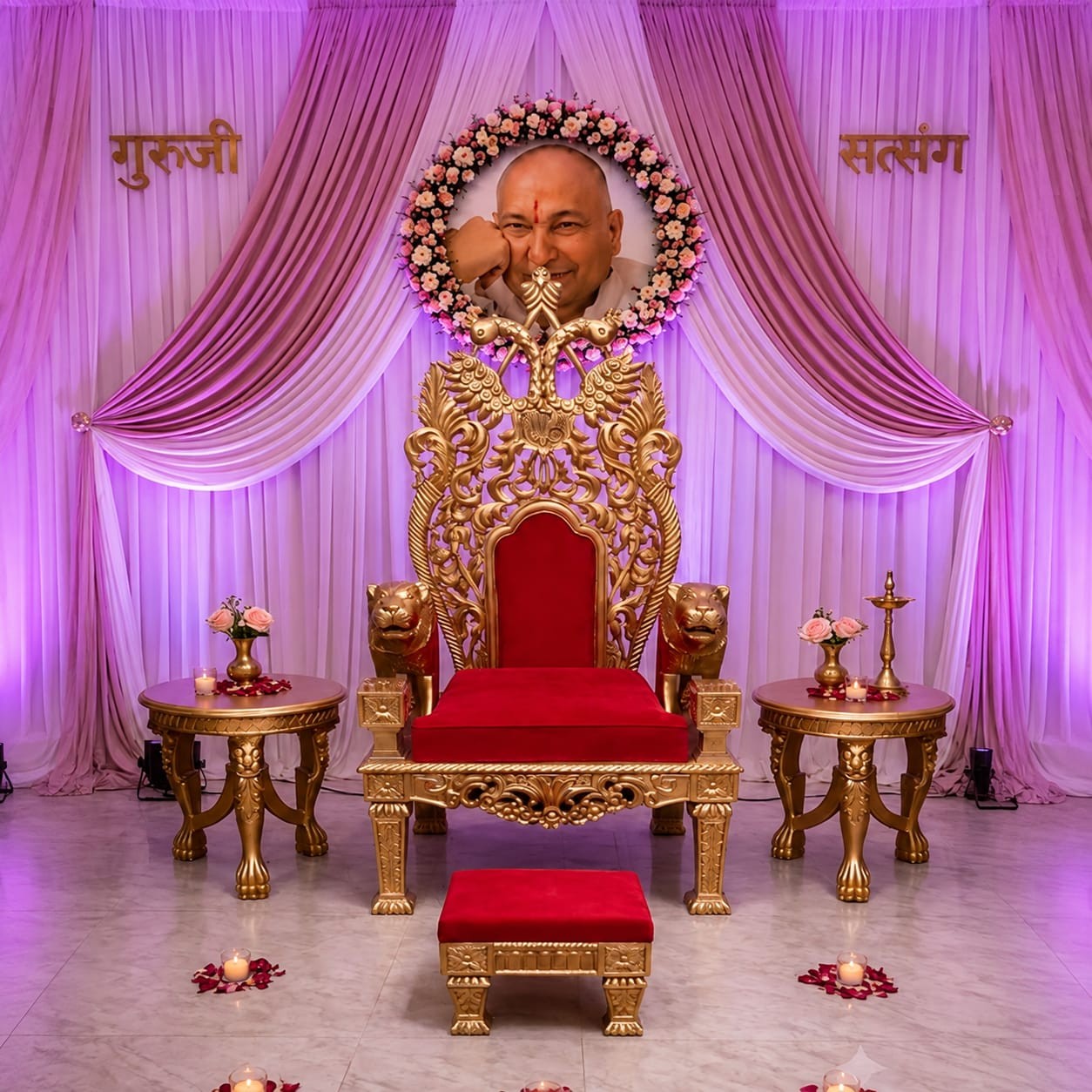 Guruji Satsang Chair – Golden Peacock & Lion Carved Singhasan with Footstool