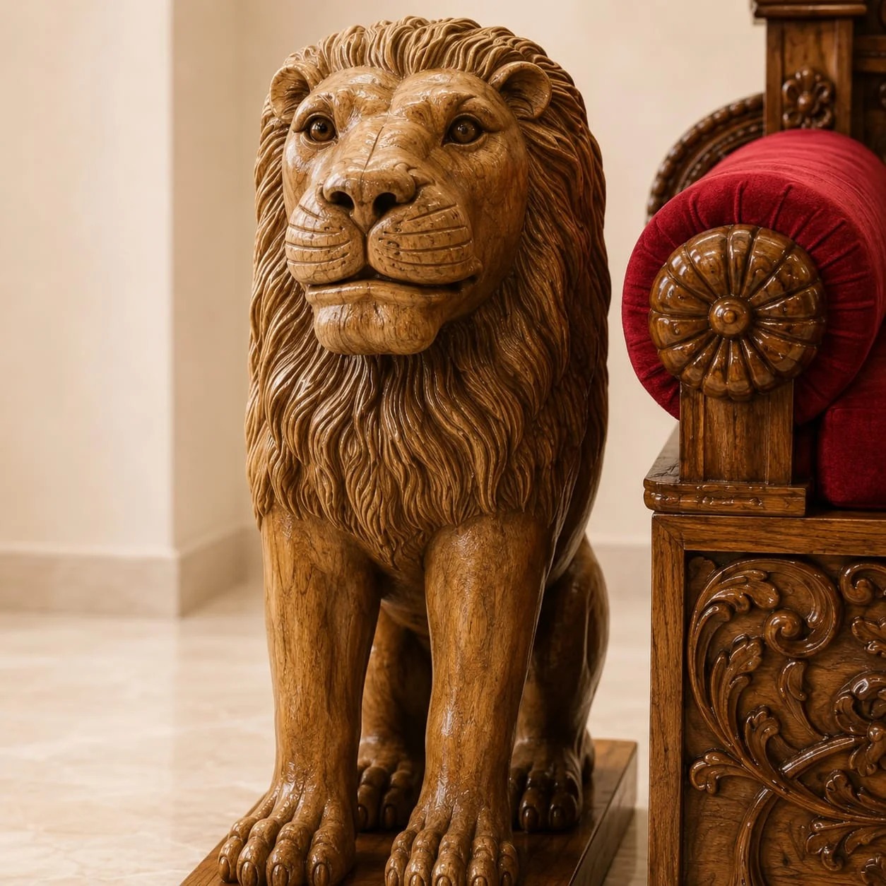 Handcrafted Lion Design Guruji Chair Singhasan (Teak Wood Darbar Gaddi) view