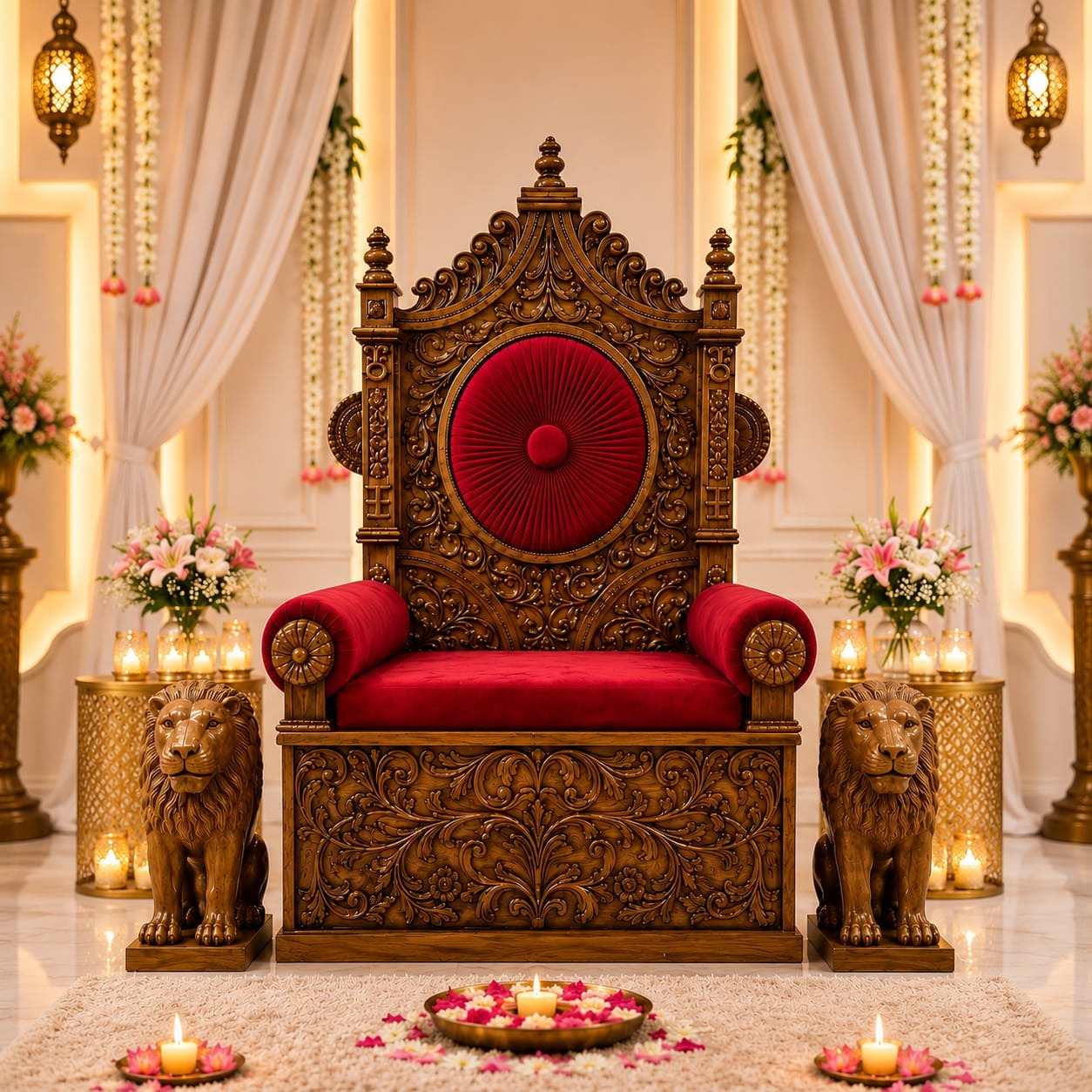 Handcrafted Lion Design Guruji Chair Singhasan (Teak Wood Darbar Gaddi)