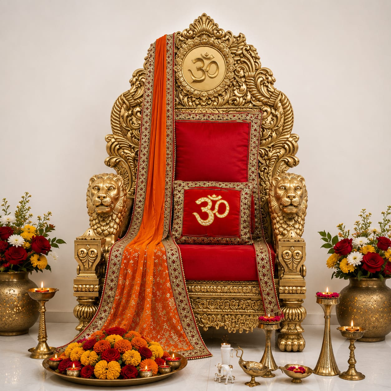Royal Teak Wood Guruji Chair with Lion Design for Satsang
