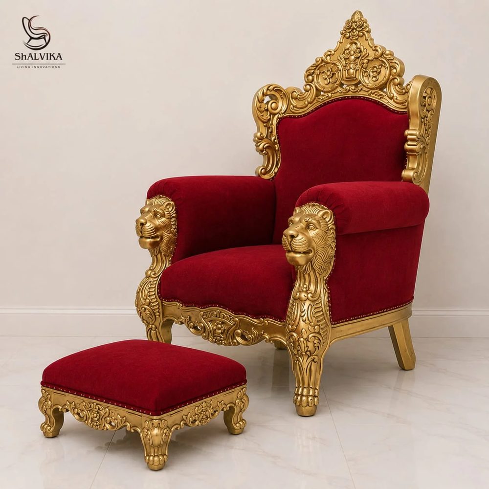 Royal Wooden Guruji Chair – Handcrafted Lion Design with Footrest view