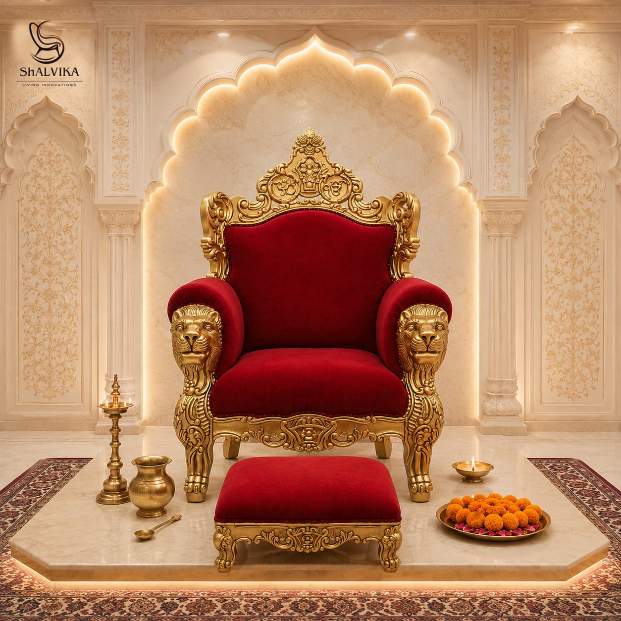 Royal Wooden Guruji Chair – Handcrafted Lion Design with Footrest